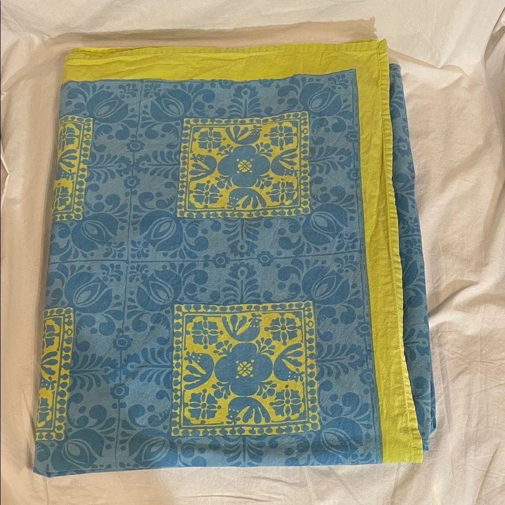 Vintage Williams Sonoma tablecloth Blue and Lime Block print tablecloth.